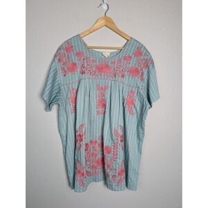 Layerz Blouse Womens 2XL Green Striped Tunic Embroidered Round Neck Short Sleeve